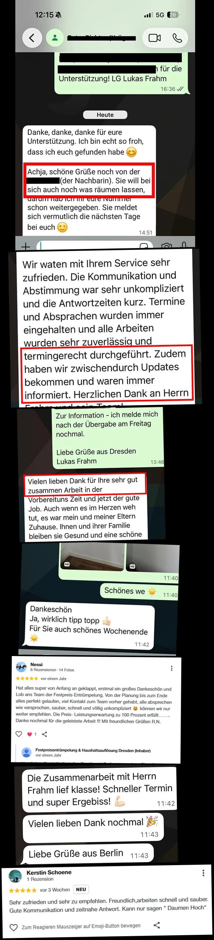 WhatsApp-Nachrichten und Google-Bewertungen zufriedener Kunden und Nachbarn